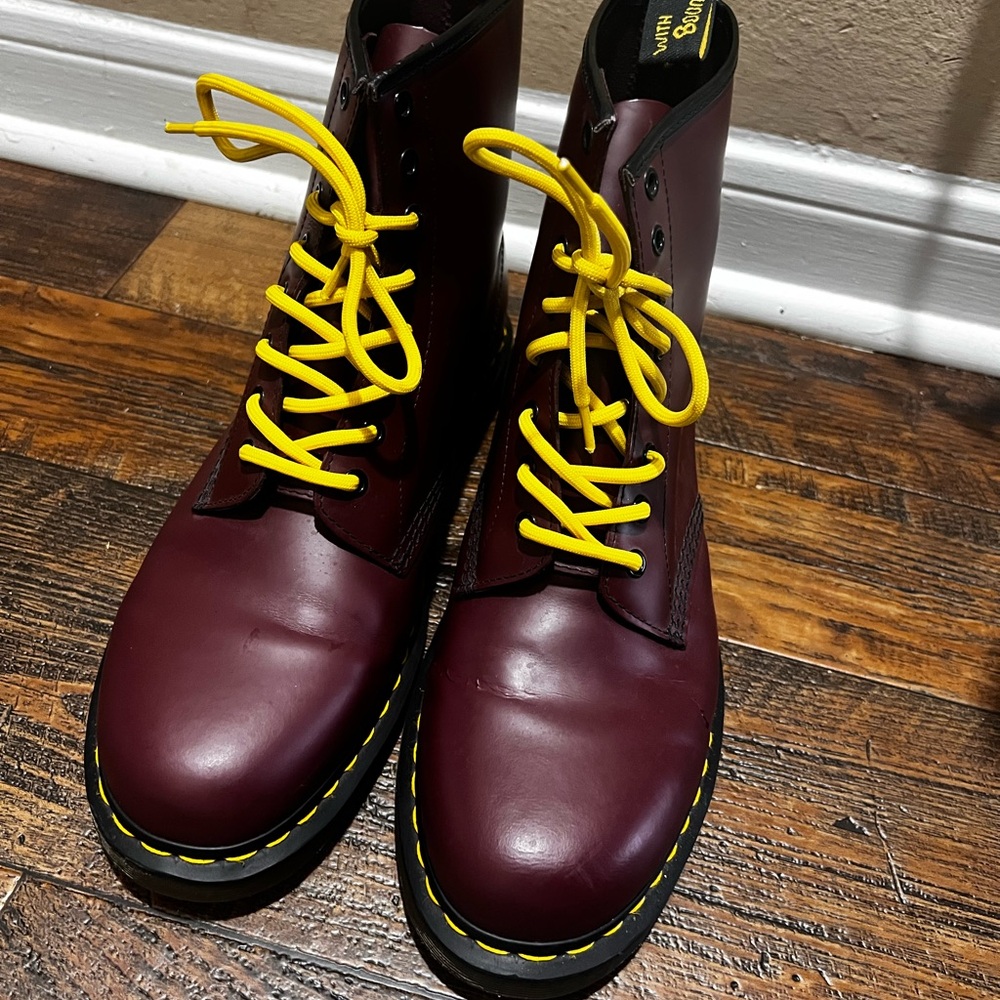 SOLD 🚫 Dr. Martens Cherry Red Boots with Yellow Laces